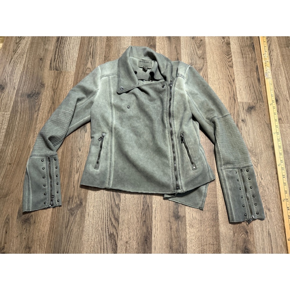 Marrakech Jacket Womens Size S Green Moto Faux Suede Studded Asymmetric AR50261